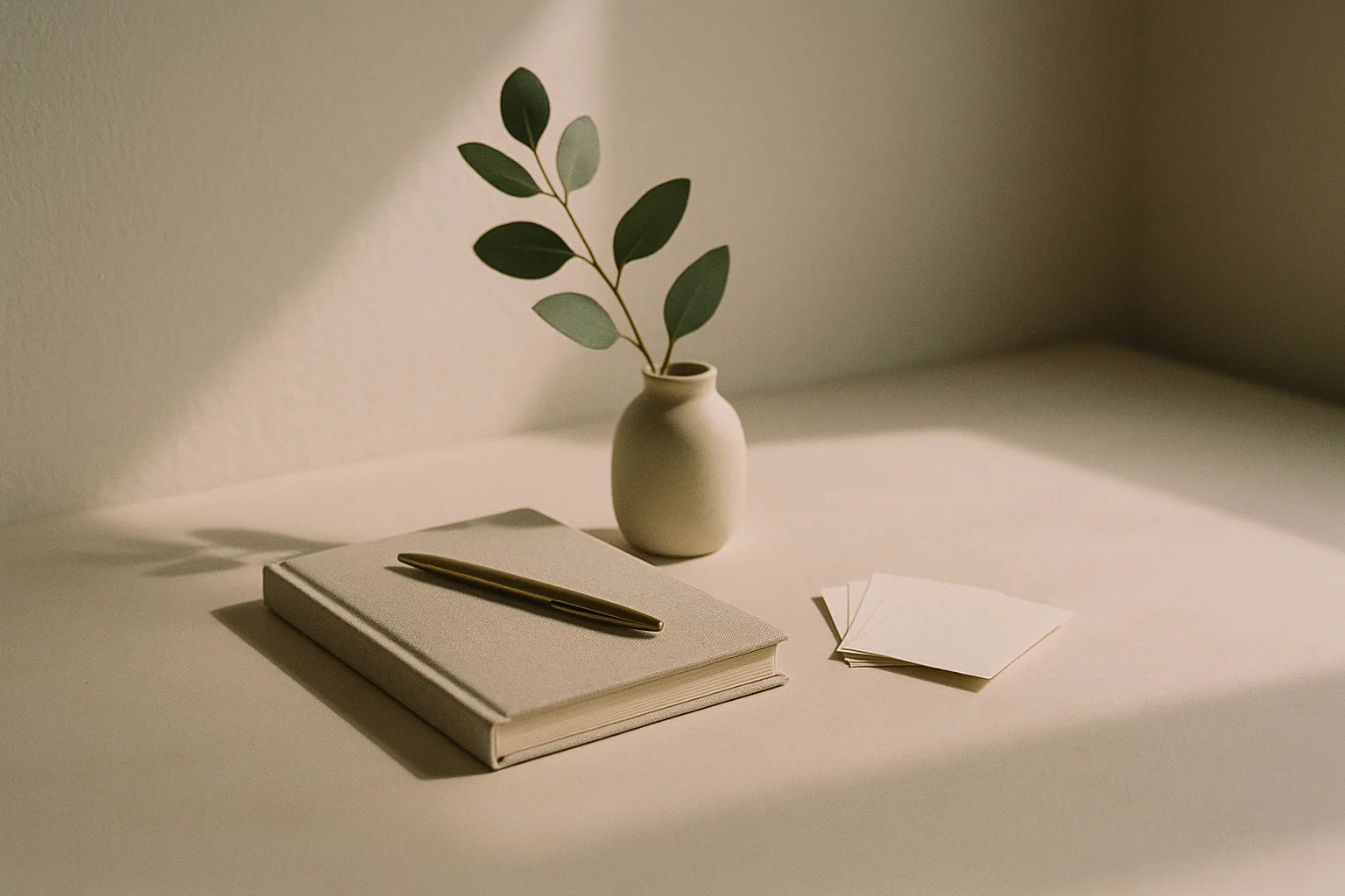Linen-bound appointment book, brass pen and ivory record cards beside a sage eucalyptus sprig in soft directional light