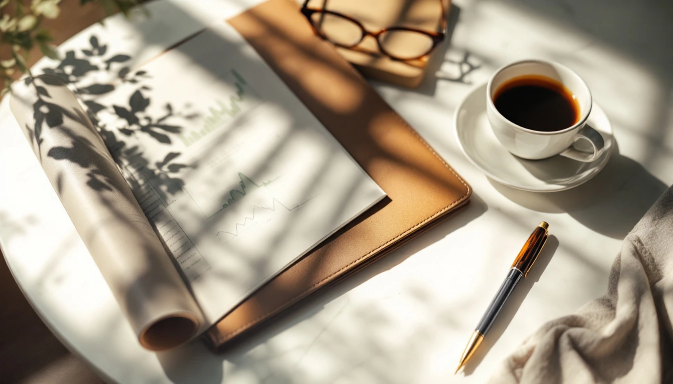 Leather folio with financial charts, fountain pen and espresso for an aesthetic clinic business plan