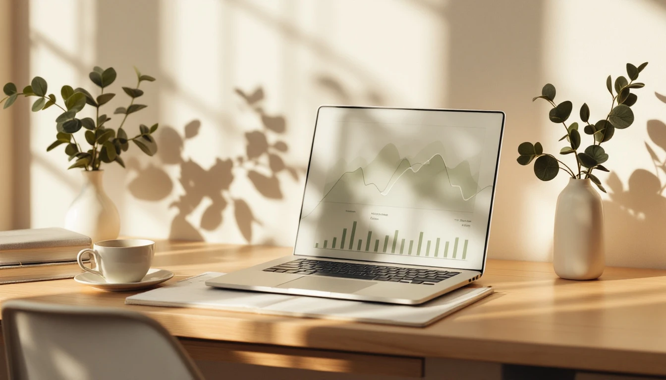 Marketing desk with laptop showing an abstract analytics dashboard in sage tones for aesthetic clinic digital marketing