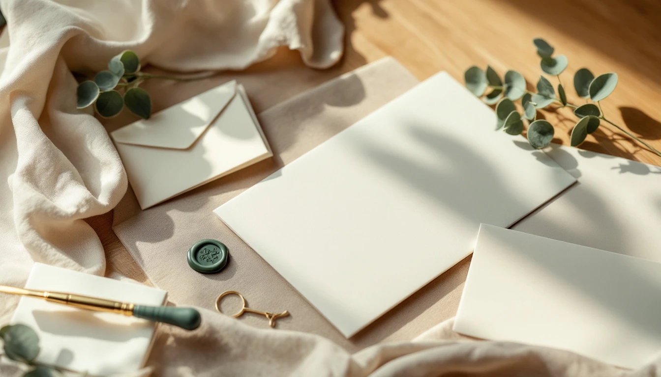Stationery flat lay with cream envelopes, sage wax seal and eucalyptus for aesthetic clinic email marketing