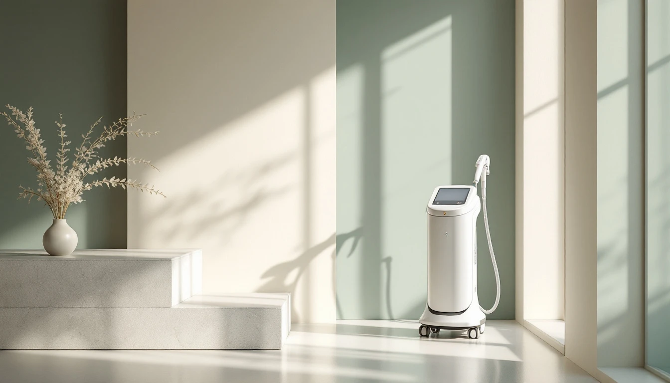 Unbranded white aesthetic laser device beside a stone counter in a serene clinic corner