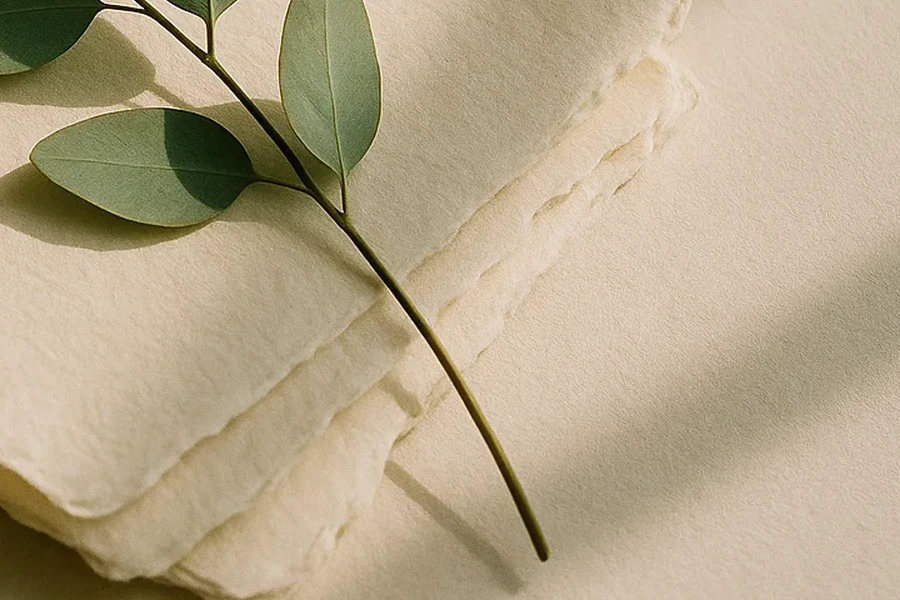 Layered handmade ivory paper with soft morning light and a eucalyptus stem