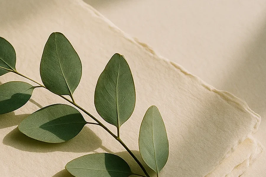 Detail of a sage eucalyptus stem casting soft shadows on handmade ivory paper