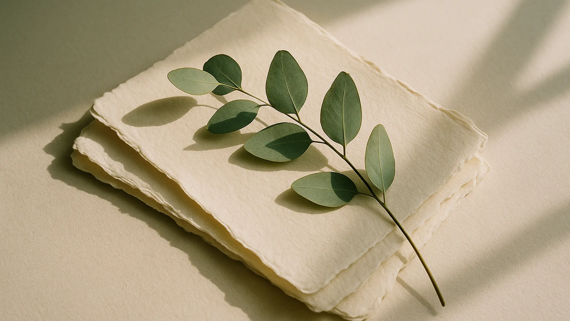 Ivory paper sheets with a sage eucalyptus stem in soft natural light, editorial still life