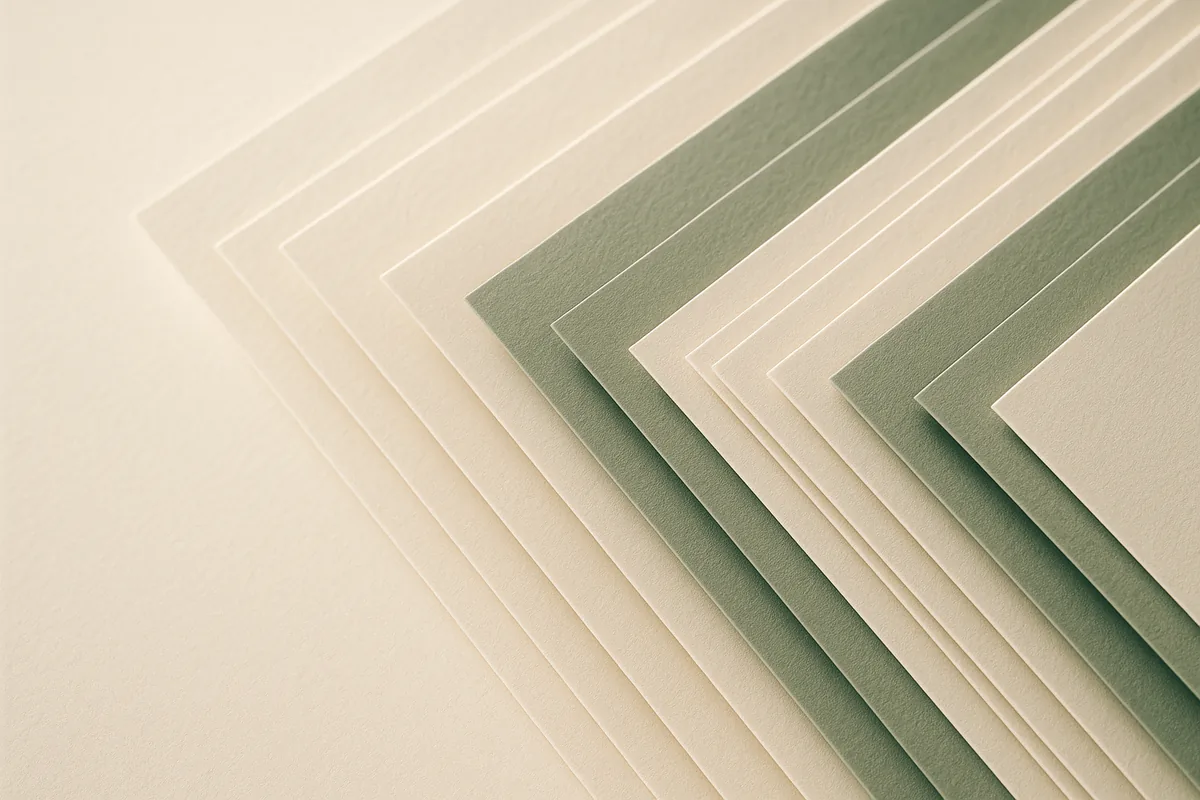 Layered ivory and sage card stock fanned into ordered tabs under soft directional light