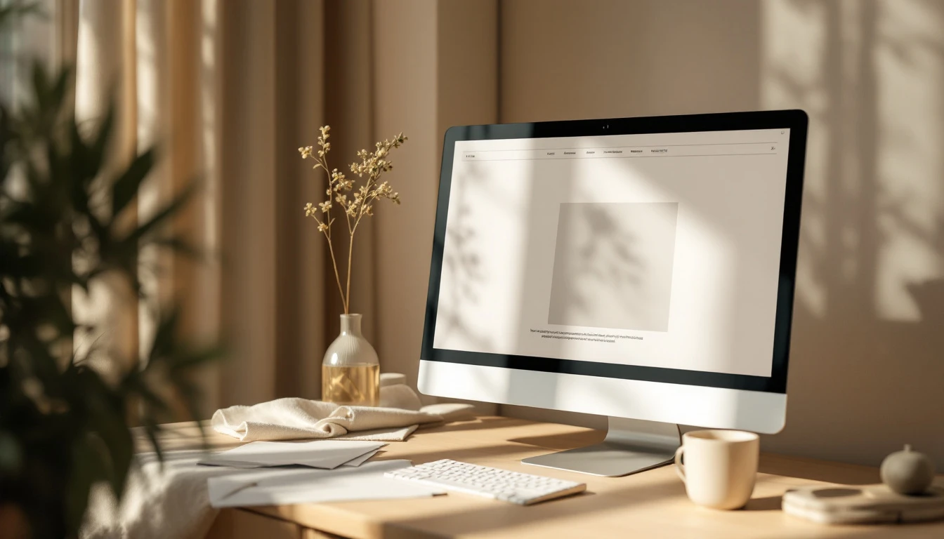Monitor on an oak desk showing an elegant ivory and sage website layout with wireframe sheets for aesthetic clinic website design