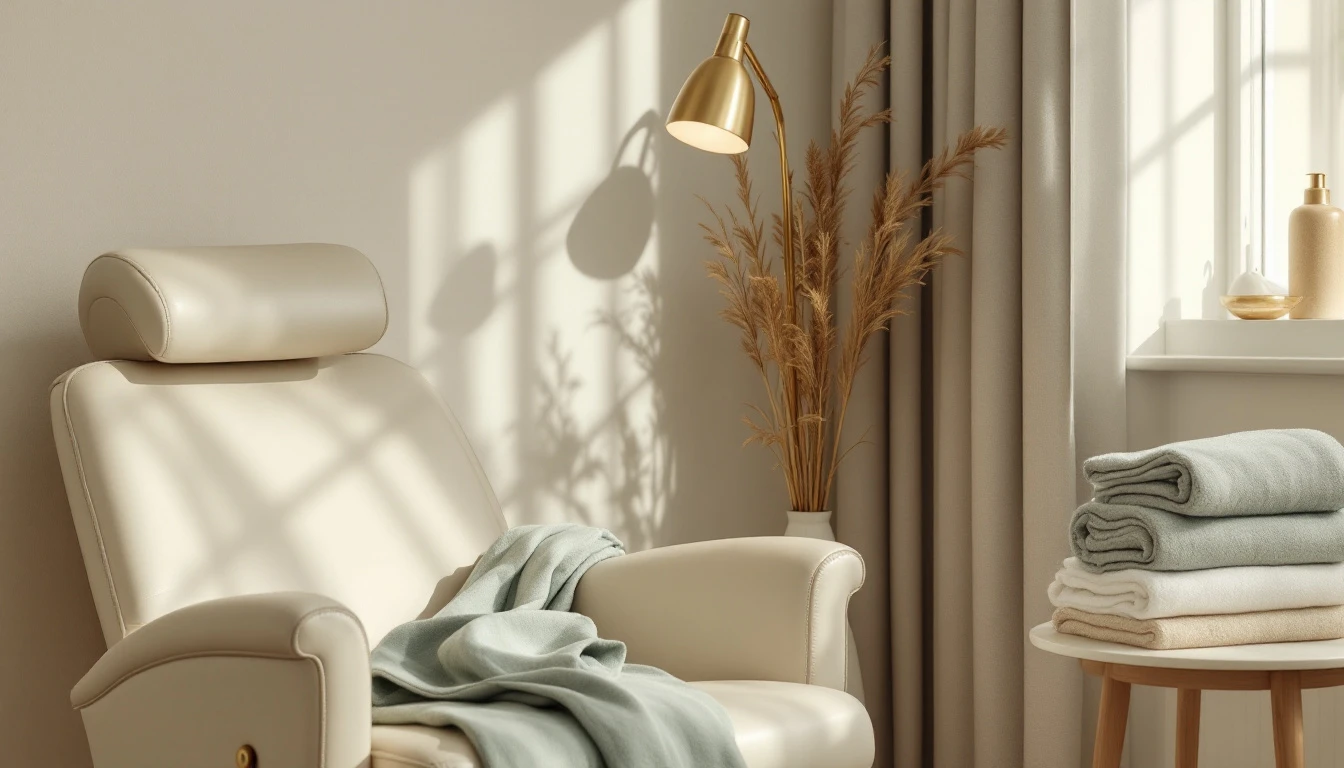 Cream leather treatment chair with brass lamp and sage linen in a luxury aesthetic clinic treatment room