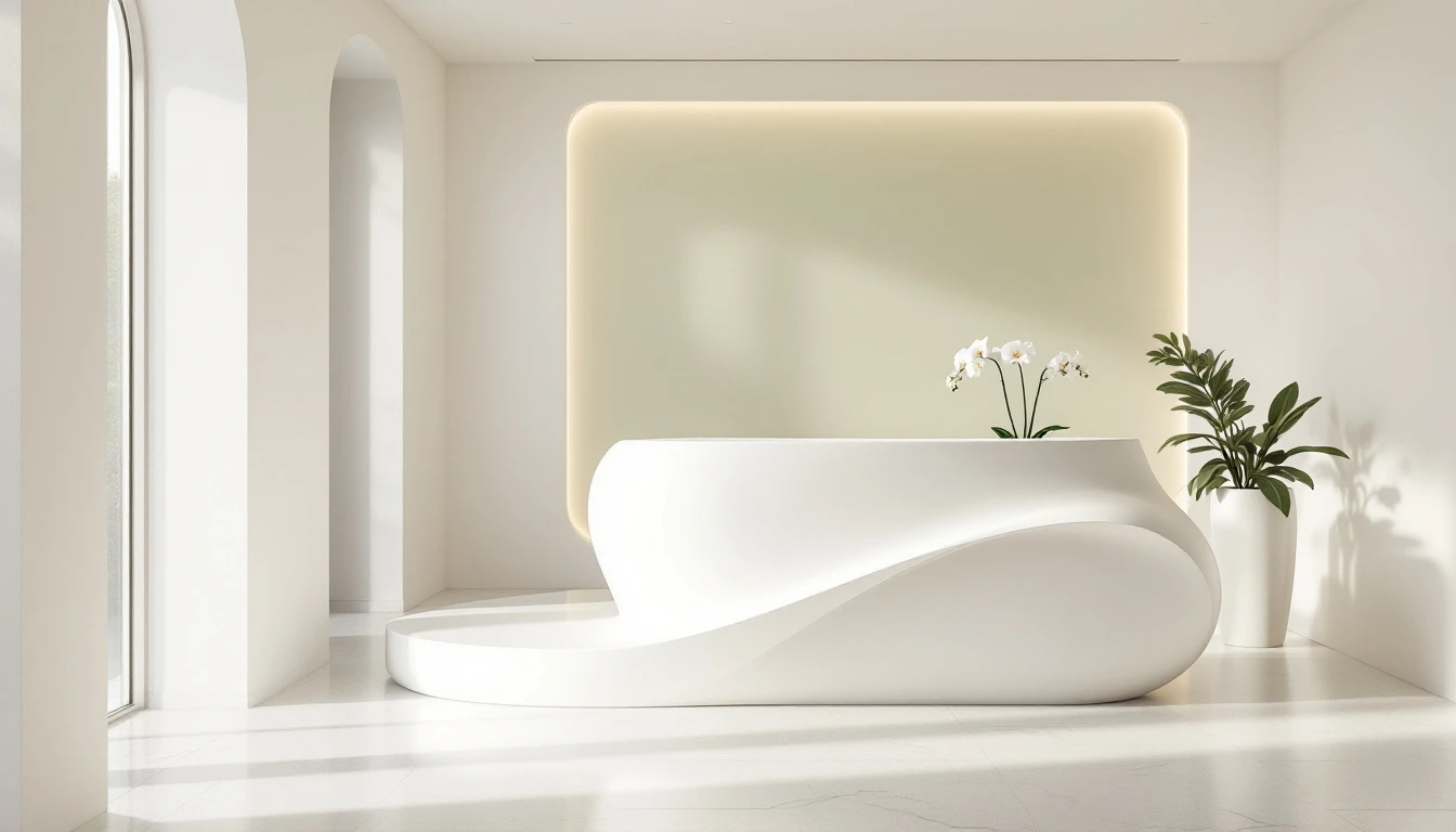 Sculptural ivory reception desk with backlit sage panel in a next generation UK aesthetic clinic