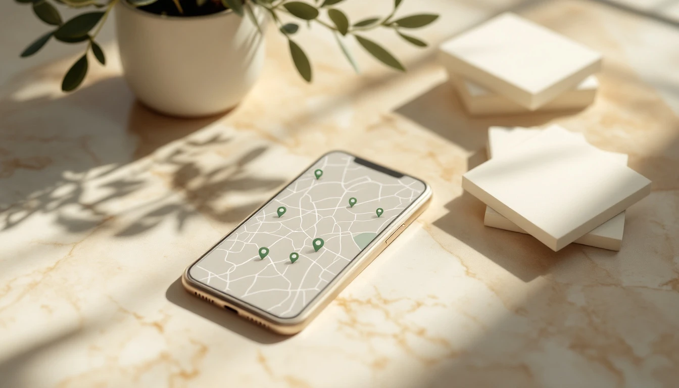 Smartphone on travertine showing a map interface with location pins for aesthetic clinic local search