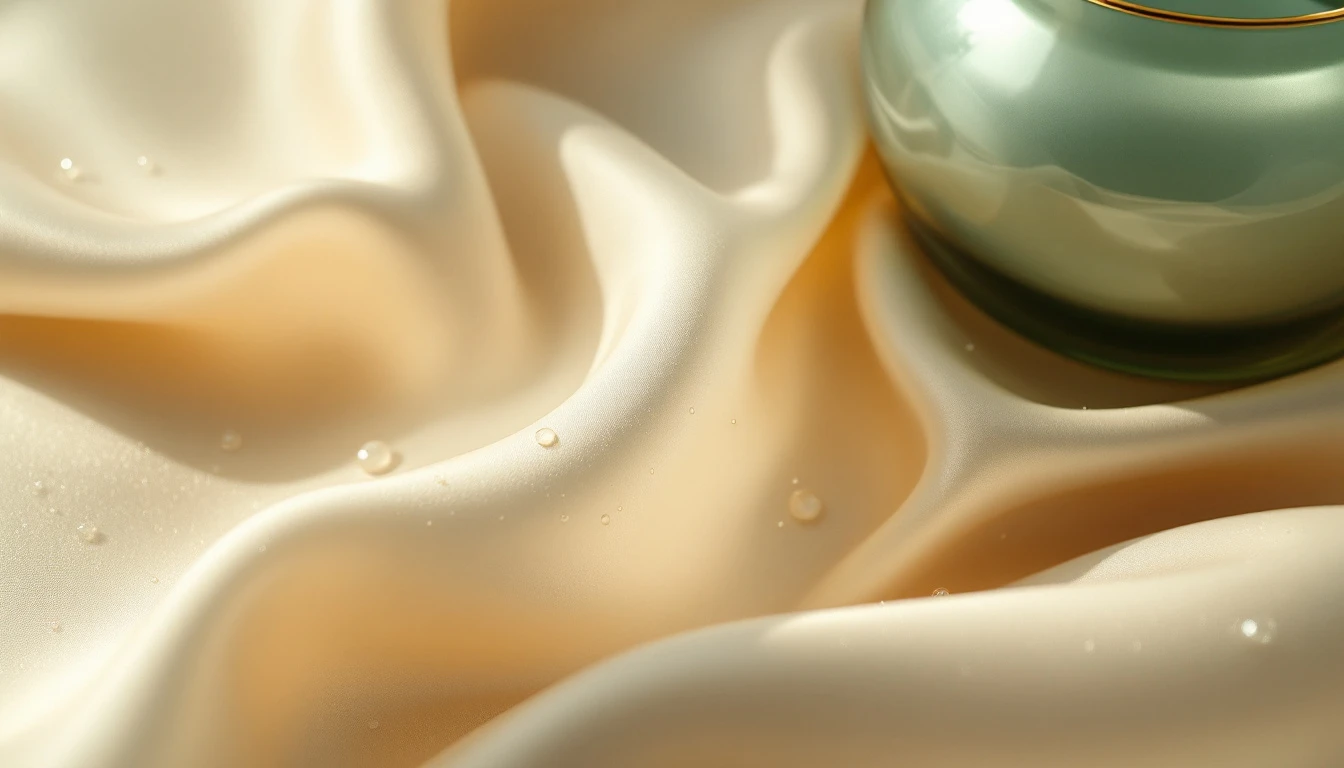Macro of translucent gel texture with serum droplets on ivory silk for lip filler marketing