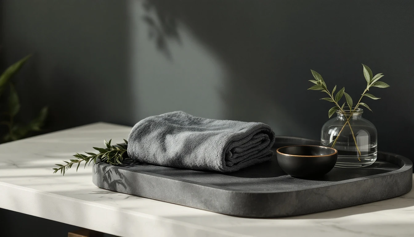 Charcoal stone tray with slate towel, water carafe and sage sprig for male aesthetics marketing