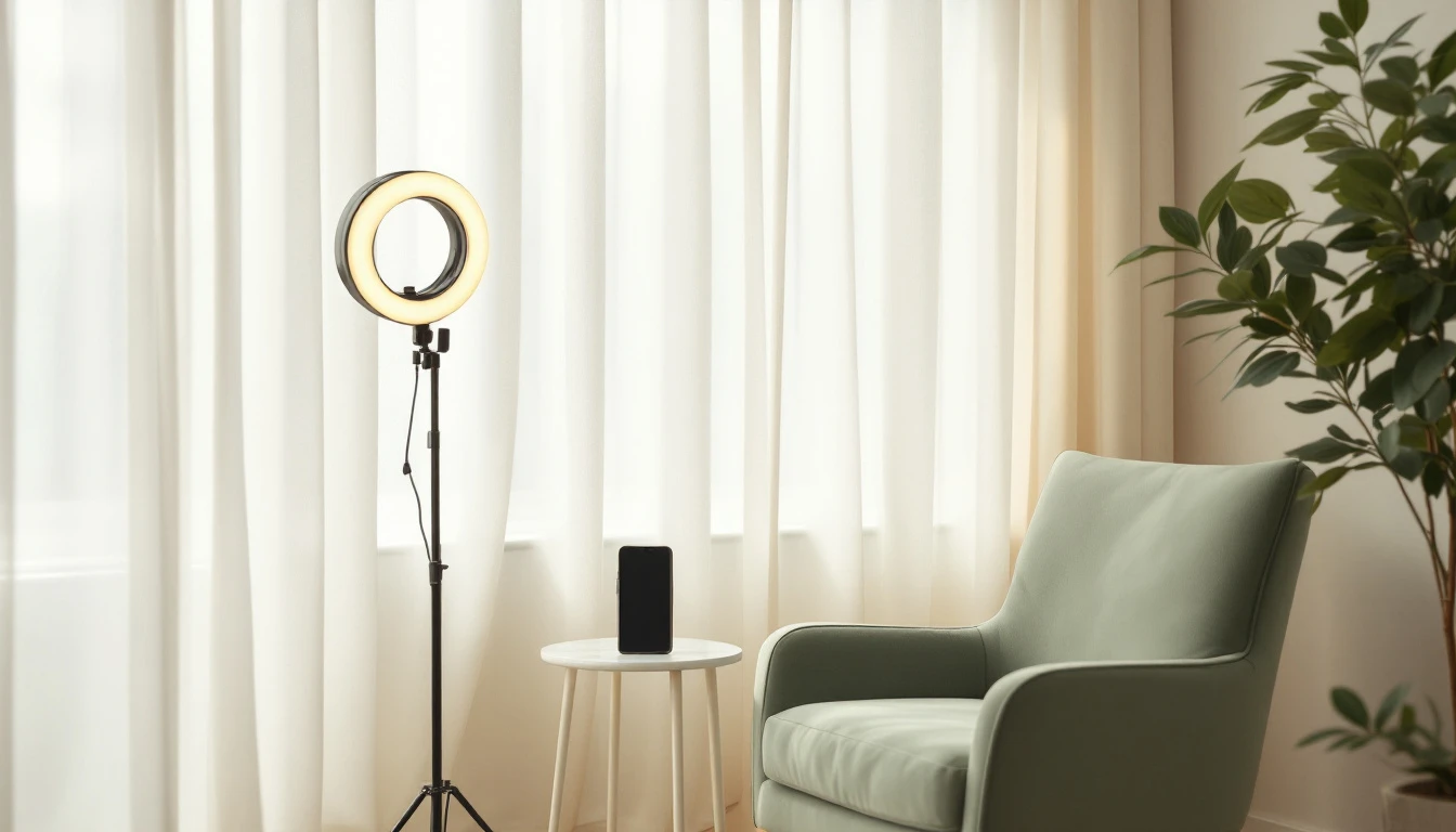 Ring light and smartphone on a tripod beside a sage velvet chair in an ivory video content studio