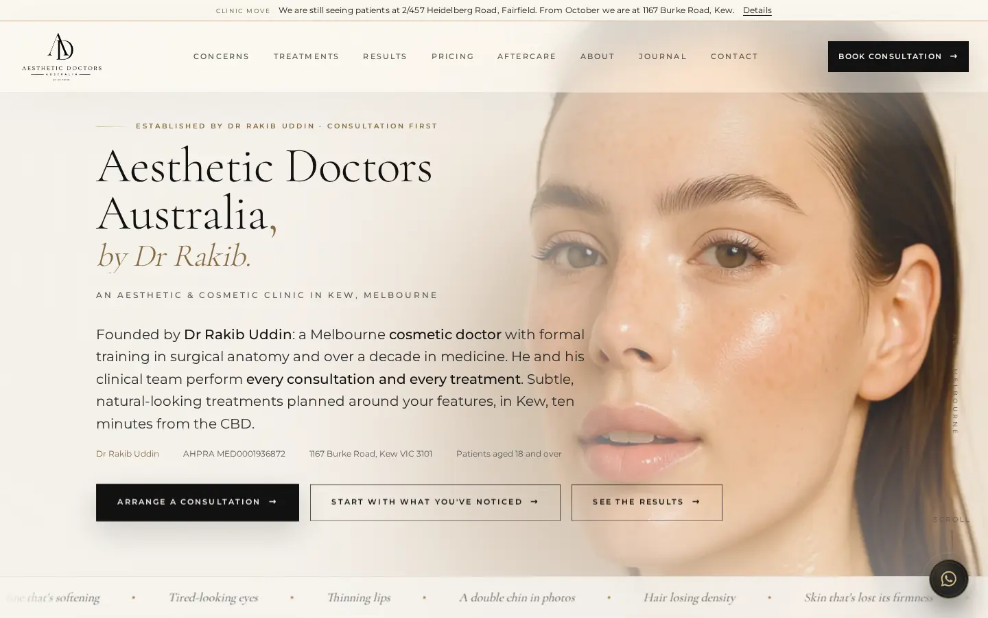 Aesthetic Doctors Australia homepage on desktop: the new brand, Dr Rakib's byline and the consultation-first introduction