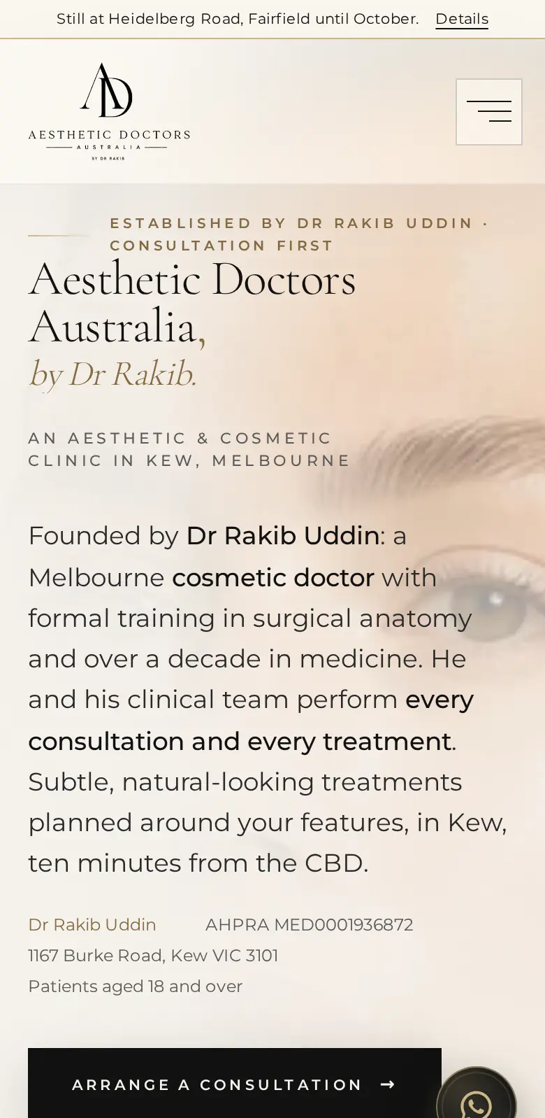 Aesthetic Doctors Australia homepage on a phone
