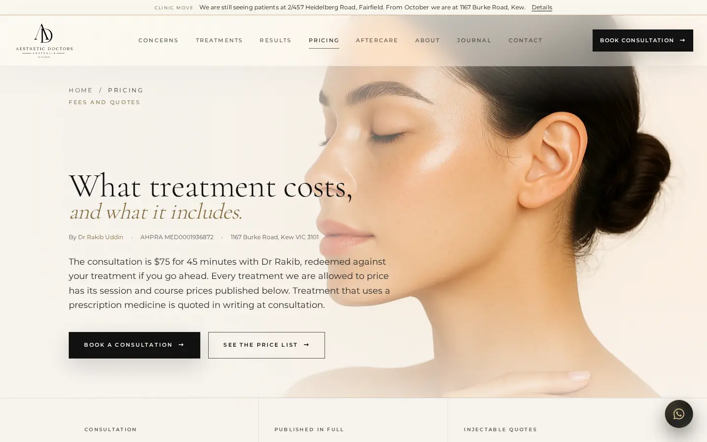 Treatment pricing and the consultation fee page on the Aesthetic Doctors Australia website