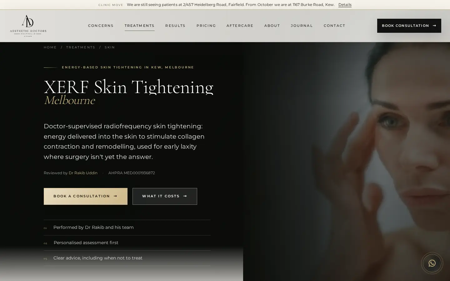 XERF skin tightening Melbourne treatment page on the Aesthetic Doctors Australia website