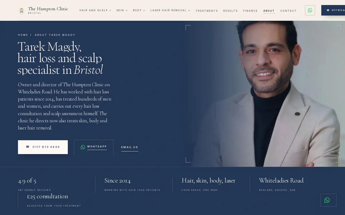 Tarek Magdy, hair loss specialist in Bristol, on The Hampton Clinic about page