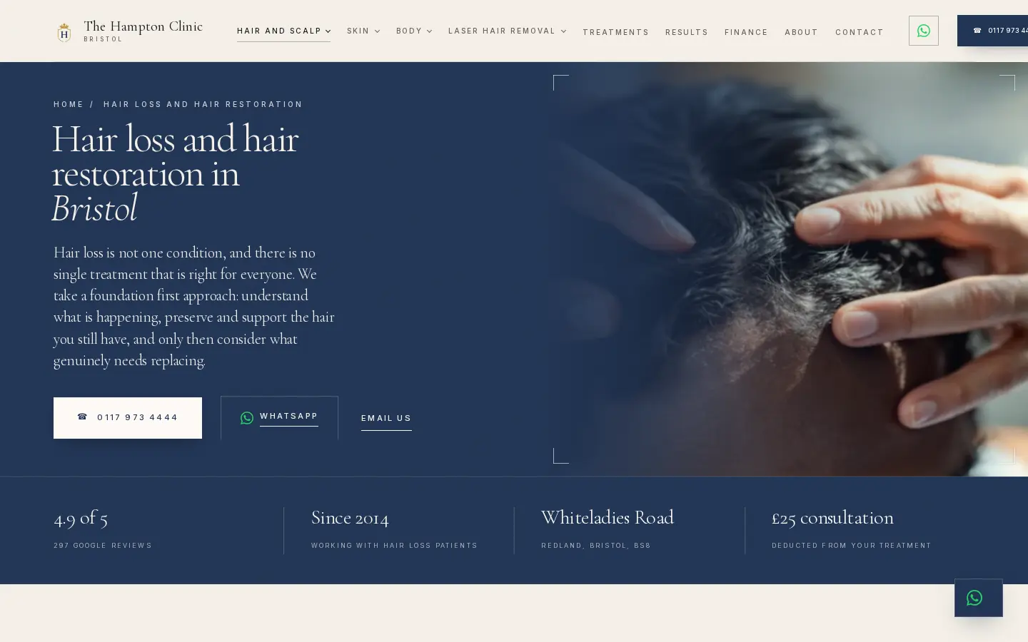 Hair loss and hair restoration in Bristol: The Hampton Clinic's hair pillar page