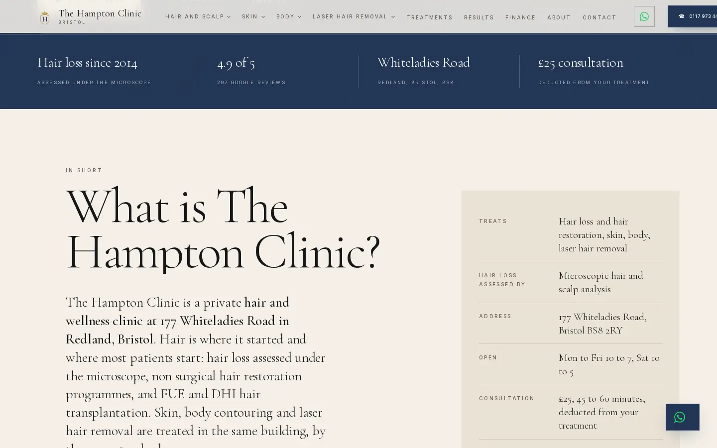 What is The Hampton Clinic: the answer block and fact table on the homepage
