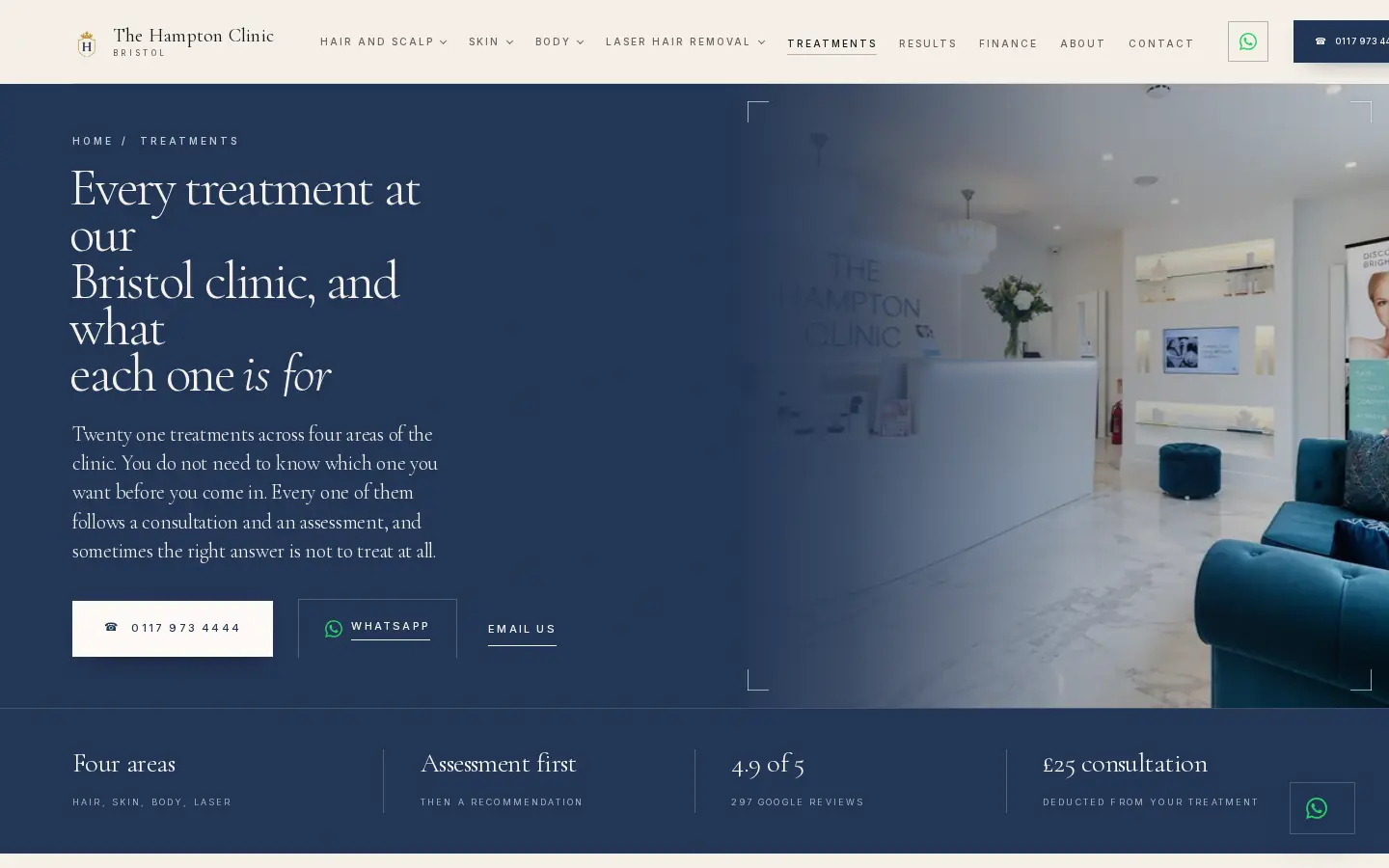 Every treatment at The Hampton Clinic in Bristol, by area